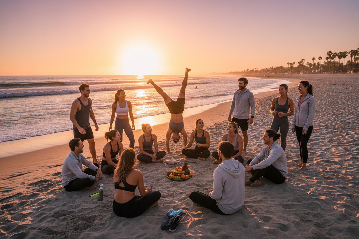 a group of fitness people hanging out at the beach at sunset